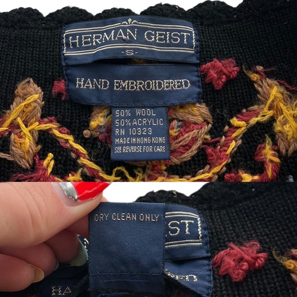 Herman Geist Sm Black Floral Hand Embroidered Wool Cardigan, Sweater Cottagecore - Picture 6 of 16